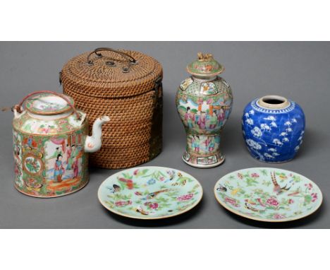 A famille rose teapot and cover, in padded wicker basket, 19th c, a ginger jar painted with prunus, a pair of celadon ground 