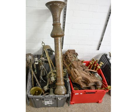 Miscellaneous Victorian and later metalware, including brass candlesticks, copper saucepans, Middle Eastern pierced copper pi