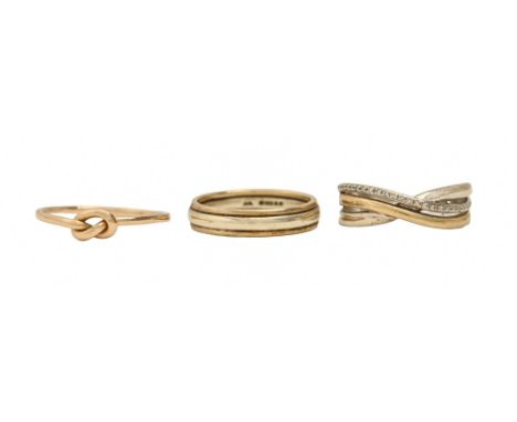 A 9ct three-colour gold and diamond entwined ring and two other 9ct gold rings, 7.8g, size K, M  Light wear