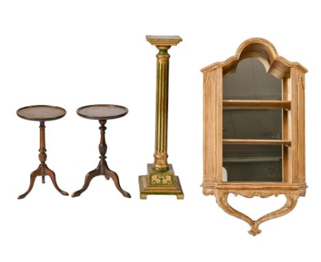 A giltwood and green painted torchere with reeded pillar, 92cm h, giltwood hanging shelves, 99 x 54cm and two similar mahogan