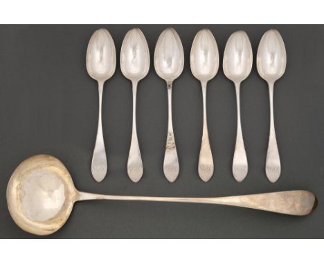 A Scottish George III silver soup ladle and six tablespoons, pointed Old English pattern, by Alexander Henderson, Edinburgh 1