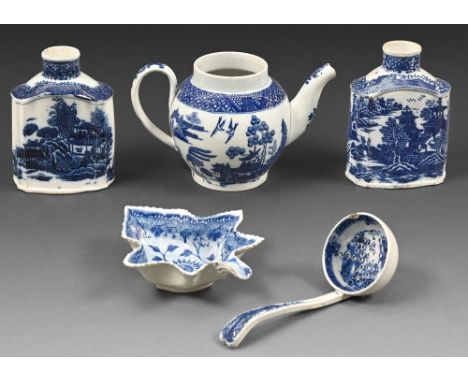 Two underglaze blue printed pearlware Chinoiserie pattern tea caddies, a teapot, leaf shaped pickle dish and sugar sifter, c1