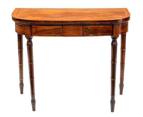 A Victorian inlaid rosewood card table, tapering ring turned legs, 76cm h; 92 x 43cm  Minor chips and losses, veneer lifting 