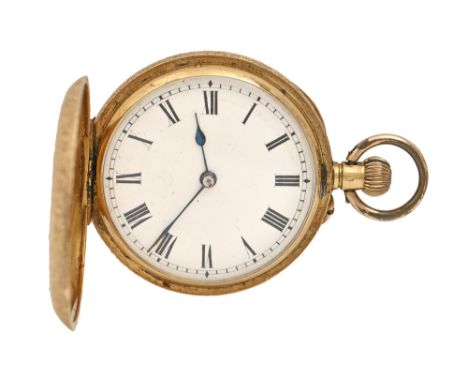 A Swiss gold hunting cased keyless lever lady's watch, late 19th c, with gold cuvette and plated box, in engraved case, 35mm 