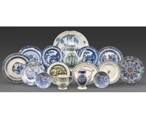 A pearlware two handled cup, c1810, painted in the Pratt palette, 10.5cm h, two J Harrison blue or green printed pearlware co