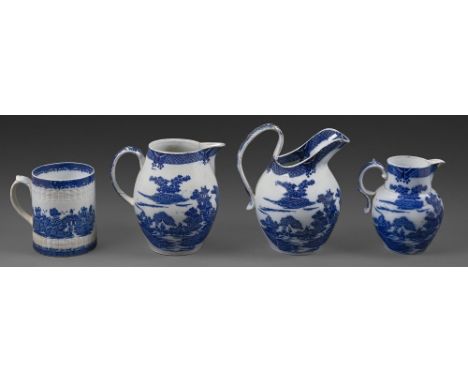 Three underglaze blue printed&nbsp;pearlware&nbsp;Buffalo pattern jugs, c1790 and a contemporary blue printed Chinoiserie pea