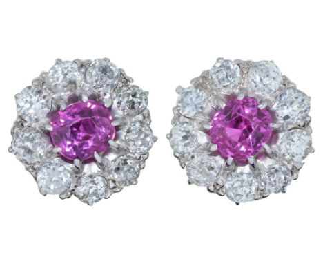 A pair of diamond and synthetic ruby stud earrings, in white gold, 12mm diam, 4.6g  Good condition