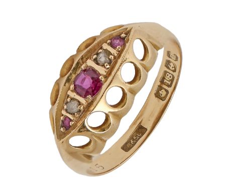 A ruby and diamond ring, in 18ct gold, Birmingham 1912, 2.6g, size A  Good condition