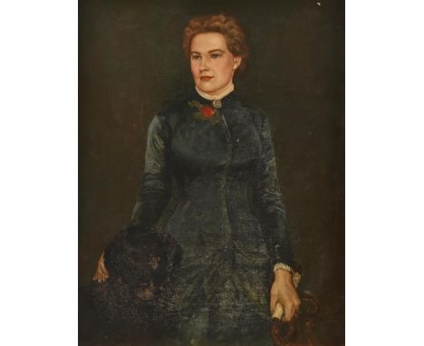 English School, early 20th century - Portrait of a Lady, three quarter length in hunting dress, her spaniel at her side, oil 