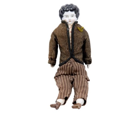 A glazed porcelain shoulder head man doll, c1880, with padded body and bisque lower limbs, in contemporary clothing, 33cm h  