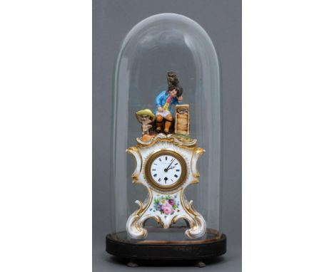 A French porcelain mantle clock, probably Jacob Petit, late 19th c, the rococo case painted with bouquets and surmounted by a