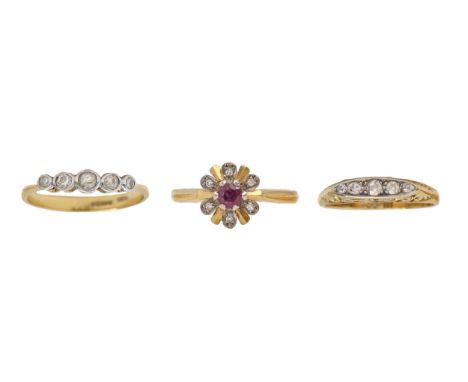 Two diamond rings and a ruby and diamond ring, in 18ct gold or gold marked 18ct, 8.3g, size L, M, N  Good condition