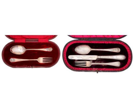 A Victorian engraved silver child's spoon, knife and fork, by Holland, Aldwinckle &amp; Slater, London 1898 and 1899, cased a