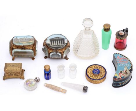 Miscellaneous scent bottles and trinket boxes, early 19th c and later, to include a miniature cranberry glass brass mounted t