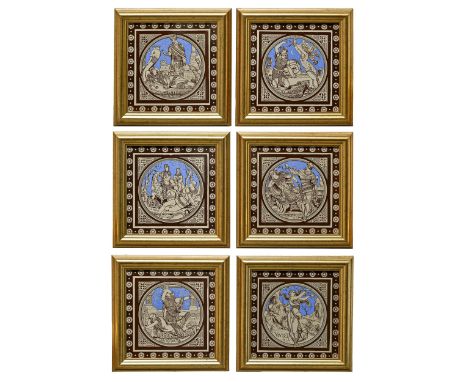Six Minton's China Works Idylls of the King series wall tiles, designed by John Moyr Smith, c1880, 20cm square, moulded mark,