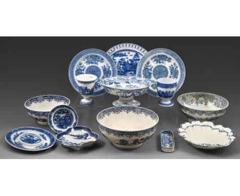 A pair of Hollins blue printed pearlware Fitzhugh pattern plates and a sepia printed and enamelled small plate, c1795-1800, 1
