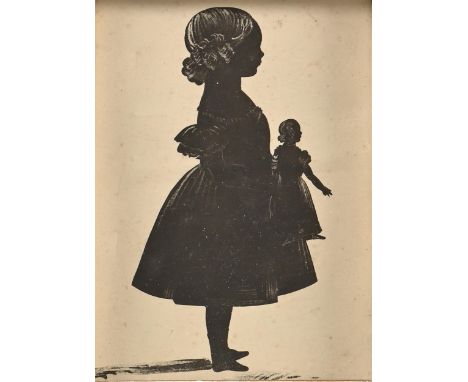 English School, 19th c - Portrait Silhouette of a Young Girl, full-length and in profile, holding a child's doll, lithograph,