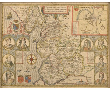 John Speed - Lancaster, double page engraved map, c1646, hand coloured,&nbsp;manuscript alphabet around image, 40.5 x 52.5cm 