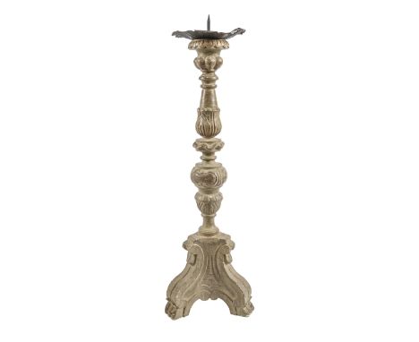 A gesso and softwood carved altar candlestick, second half 19th c, on three feet, 81cm h  Some minor chips and scuffs, some c