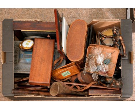 Miscellaneous bygones, 19th c and later, to include a pair of binoculars in leather case, a pair of spelter figures of women,