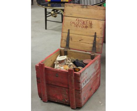 Vintage painted pine storage box containing various china and metal items