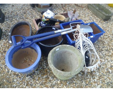 Five Garden Planters, Spade and Fork, Hanging Metal Garden Basket and a Tray of Gardening Items