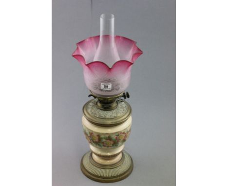 Victorian Brass and Stoneware Oil Lamp with a Cranberry Tinted Etched Glass Shade