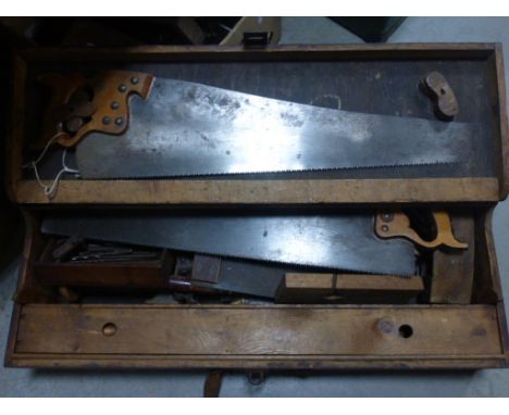 Vintage Wooden Tool Box with Various Tools including Record No. 5 Plane