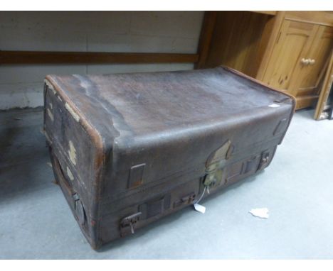 Large Vintage Leather Bound Travelling Trunk