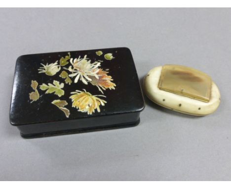 19th century Black Lacquered Papier Mache Box with Floral Decoration together with 19th century Horn Snuff Box