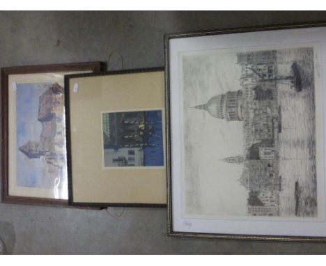 Watercolour of a Church Ruin signed Jean Caron 26, Coloured Etching of Venice signed in pencil to the margin plus Black and E