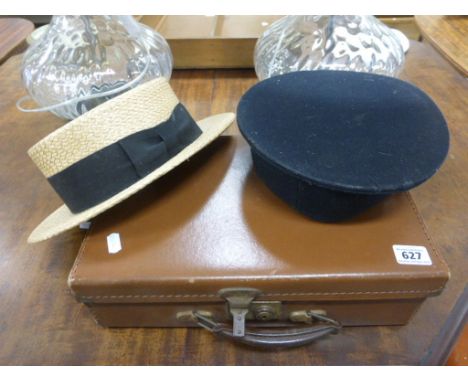 Vintage Straw Boater, Sailors Hat and a Small Suitcase