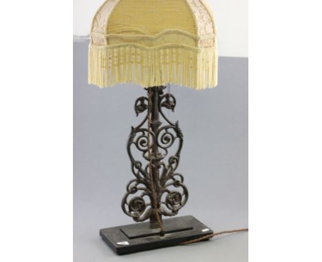 Vintage Cast Iron Foliate Scroll Lamp Base with Shade