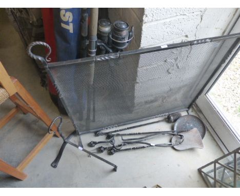 Hand Forge Wrought Iron Fire Screen together with a Fire Dog, a Five Piece Companion Set and a Pair of String Top Stools