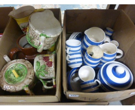 Group of Cornishware Blue and White Ceramics plus Three Graduating Yellow Floral Jugs, Stoneware Jug and Floral embossed Thre