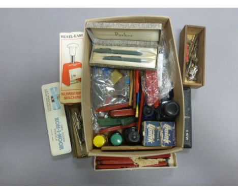 Box of vintage artist materials including pencils, ink etc