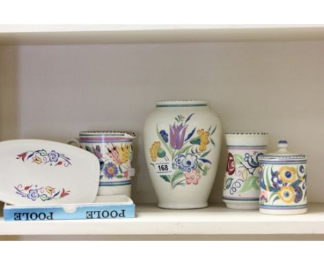 Five Items of Poole Pottery including Jug (a/f), Two Vases, Preserve Pot (a/f) and a Boxed Small Tray