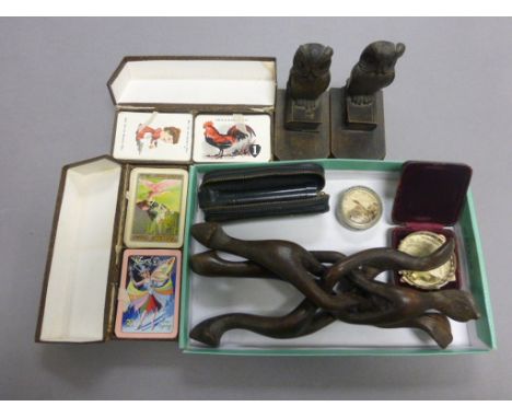 Mixed lot including Pair of Black Forest Style Owl Bookends, Two Packs of Fairy Dyes Playing Cards, Tin of Studs, Humatagraph