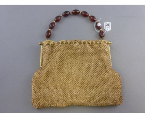 Vintage Beaded Ladies Evening Bag with Simulated Amber Bead Handle together with a Stratton Compact
