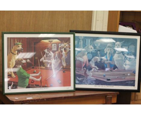 Four Framed and Glazed Arthur Sarnoff Comical Prints of Dogs playing Pool - Jack the Ripper, The Hustler, The Scratching Beag