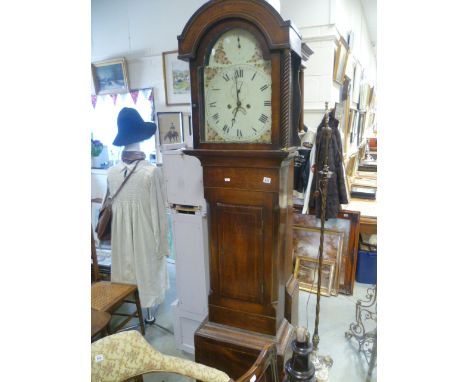 19th century Mahogany and Oak Inlaid Longcase Clock with painted arched face, roman numerals, night / day dial and date apert