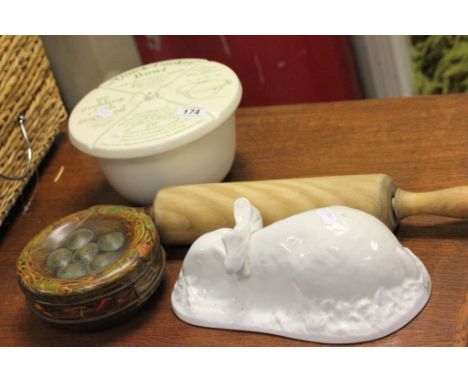Group of Vintage Kitchenalia including Shelley Rabbit Terrine Mould, The ' Quick Cooker ' Bowl, Wooden Rolling Pin and Macfar