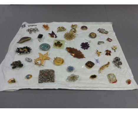 Collection of 37 Costume Jewellery Brooches together with a Stick Pin