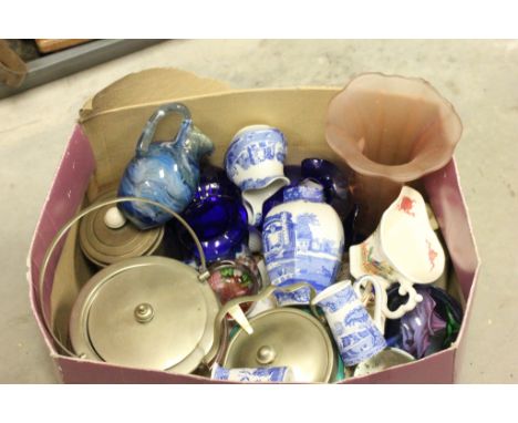Group of Mixed Ceramics and Glassware including Copeland Spode Italian Jugs and Vases, Mdina Glass Vase, Paperweights, Biscui