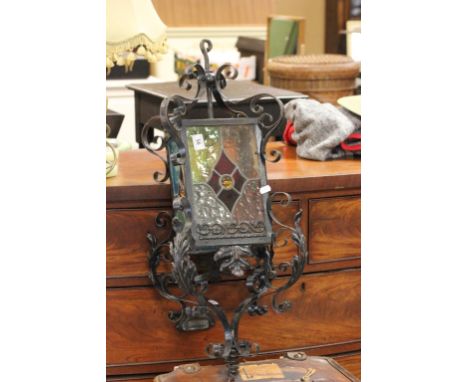 Hanging Light Shade with Leaded Coloured Glass Panels held in a Wrought Iron Frame with Scroll Design