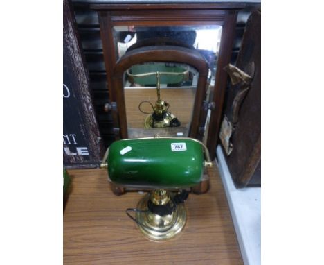Gilt Brass Office Lamp with Green Glass Shade together with a Victorian Mahogany Swing Mirror