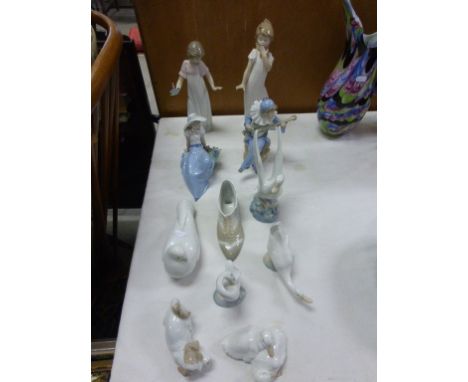 Collection of Nao figures and animals, girl yawning, girl with bird, dove, shoe pair ducks, 2 geese, 1 dog, 1 pierrot