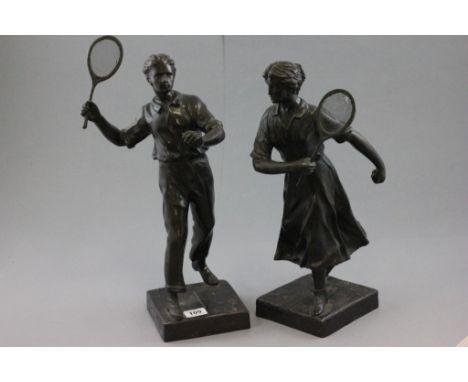 Pair of vintage bronzes of male & female tennis players signed Rulpony (?)