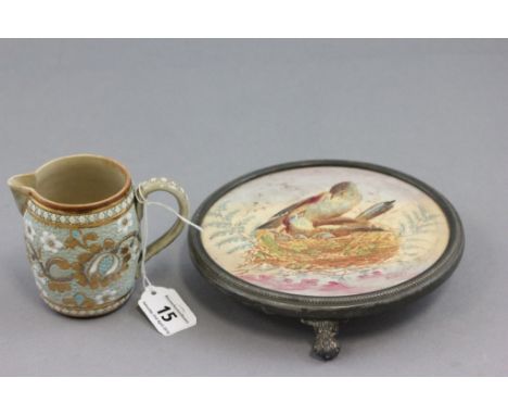 Small Doulton Lambeth Stoneware Jug, 8cms together with a Ceramic Pot Stand hand painted with Birds in Nest design