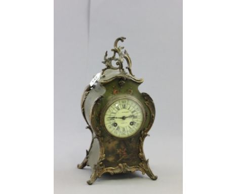 Victorian French Mantle Clock, the wooden case painted with classical scene and flowers with ormulo mounts, the white enamel 